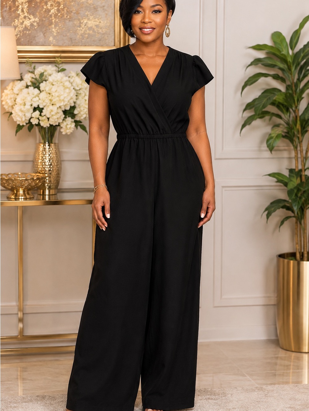 Bebop Black V-Neck Wide-Leg Jumpsuit with Flutter Sleeves M